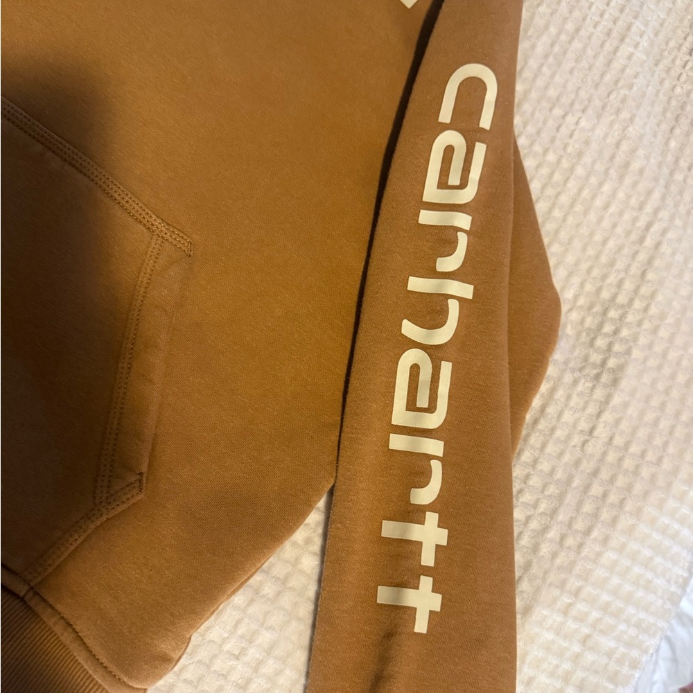 Carhartt Pullover Hoodie in Caramel Brown with Cream Logo - Picture 3 of 4